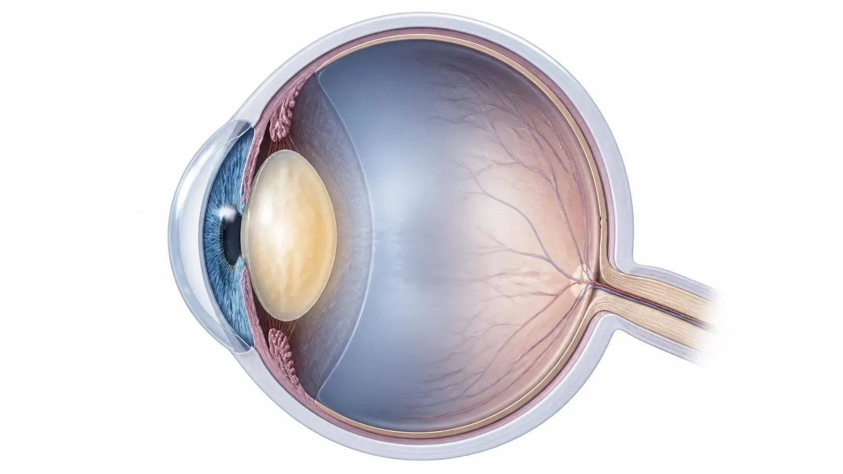 Cross-section of the eye showing a cloudy, yellowed lens behind the iris
