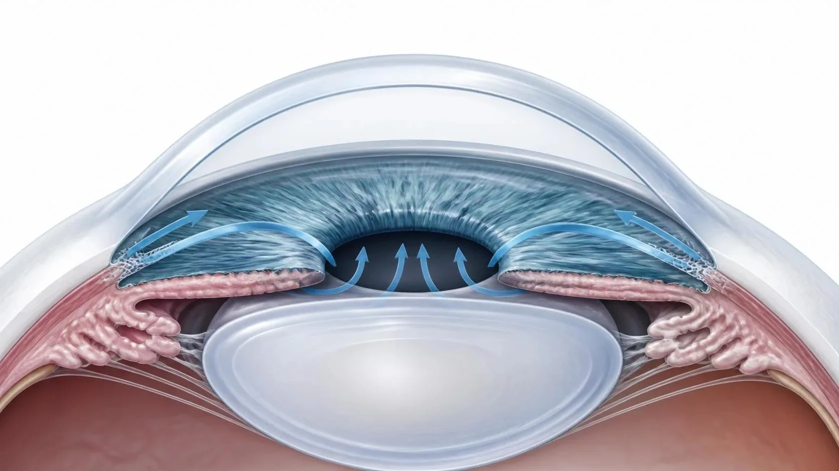 Cross-section of the front of the eye with arrows showing fluid flowing from behind the iris, through the pupil and out through the drainage angle