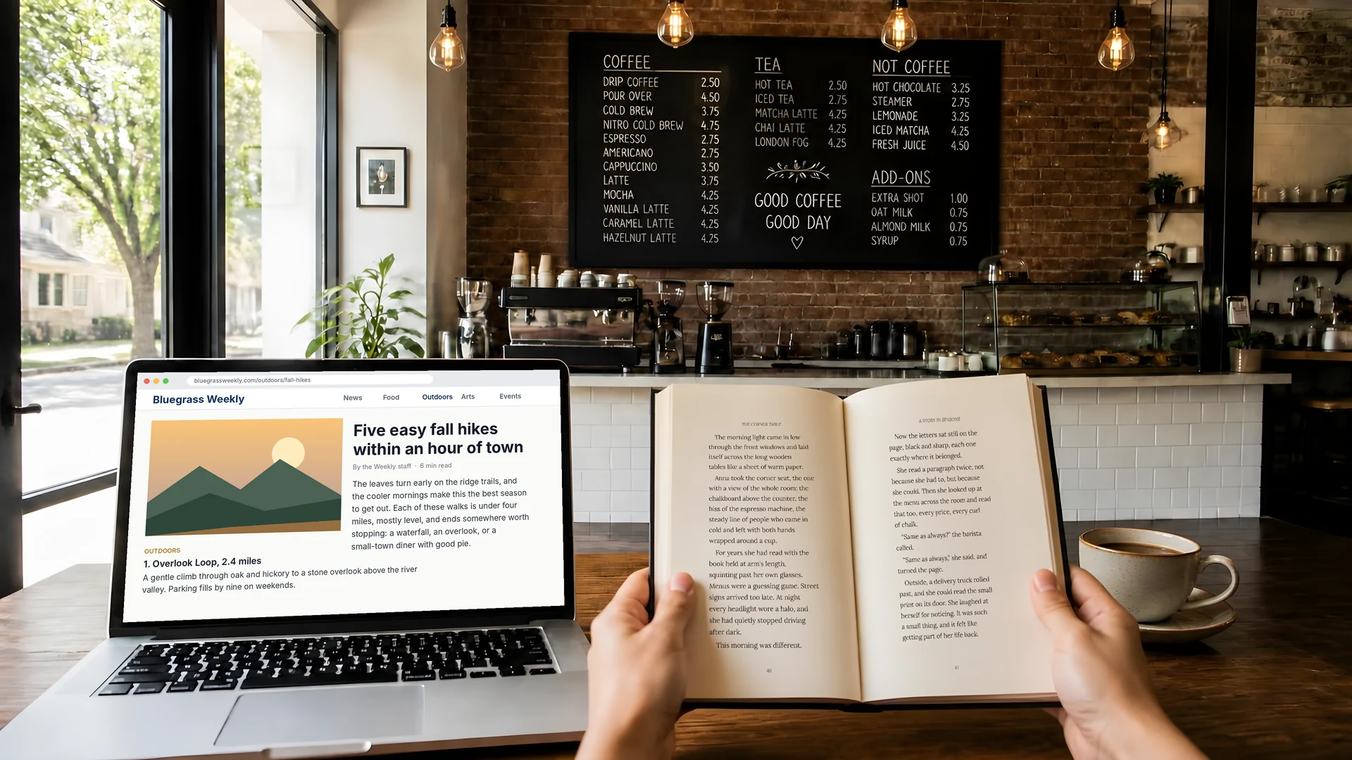 A coffee shop seen through the selected lens: a chalkboard menu across the room, a laptop on the table and a book held for reading